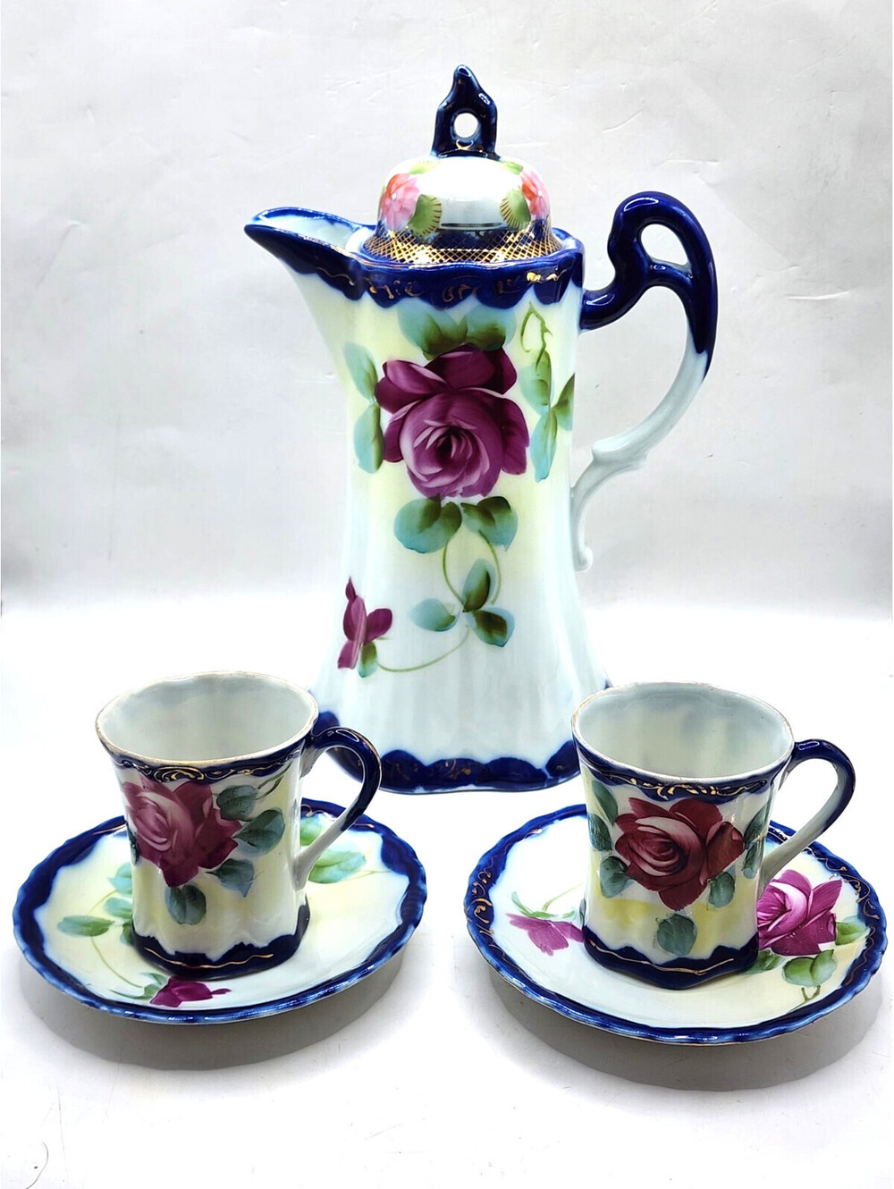 Antique Nippon Japan Hand Painted Floral Chocolate Tea Pot, Cups & Saucers Set